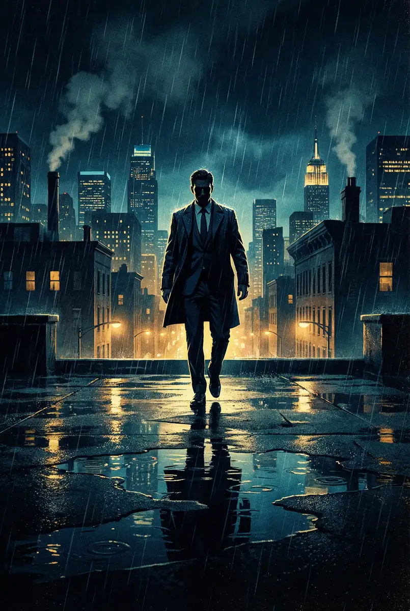 湖南卫视在线直播3 出品影片《雨夜独行者》海报，雨中城市屋顶男性剪影